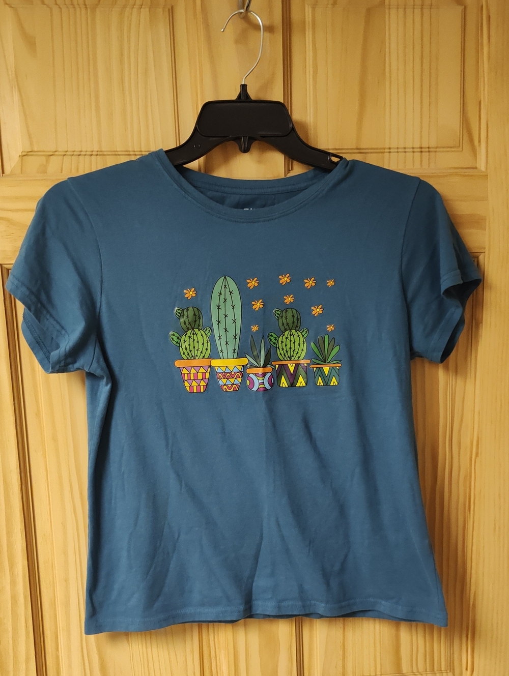 SHEIN Teal Blue Tee with Cactus & Daisy Graphic